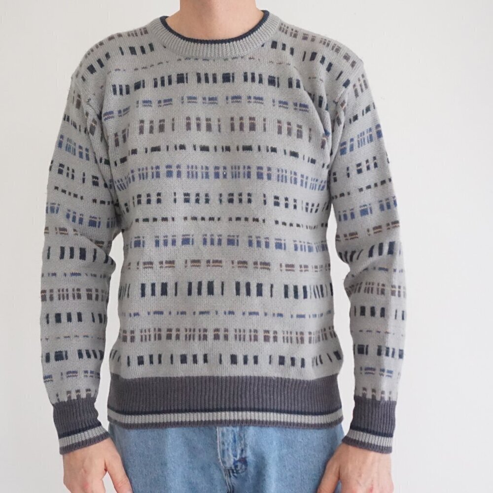 VTG '80s Woodstock By Bernard 100% Pure Virgin Wool Gray Blue Knit Sweater M